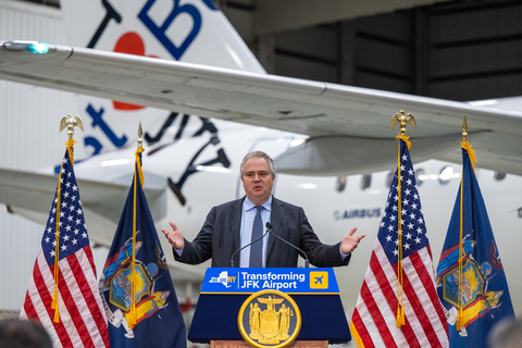 JetBlue CEO Robin Hayes speaks at the JFK Terminal 6 groundbreaking event held at the airline's JFK hangar. (Photo courtesy: Office of the Governor of New York)