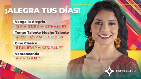 original EstrellaTV, the Spanish-language broadcast network of Estrella Media, is launching its new daytime lineup and theme ¡Alegra Tus Dias! (Brighten your day). The new programming lineup starts with the premiere of the leading morning show in Mexico, Venga la Alegria, which will air at 12 p.m. ET/11 a.m. CT/9 a.m. PT and will feature local and national news and entertainment breaks. The fan-favorite 100 Latinos Dijeron follows, as does Cine Clasico, the afternoon movie. The highly respected and most-watched gossip show in Mexico, Ventaneando, anchors the new lineup at 4 p.m. ET/3 p.m. CT. The series will be available on EstrellaTV and its digital platforms, including the EstrellaTV app, available on Roku and FireTV, among others. (Graphic: Business Wire)