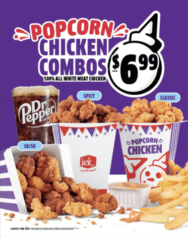 It's back, baby. Jack's Classic Popcorn Chicken Combo with juicy pieces of 100% all-white meat chicken, dipped in Good Good Sauce. Plus fries & a drink. (Graphic: Business Wire)