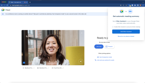 Otter users will see a one click prompt to OtterPilot their Google Meet meetings (Graphic: Business Wire)