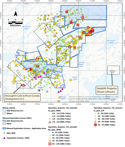 Figure 1: Adia’s Lynx property showing the location of mapped pegmatites and Li-Cs-Rb in till samples from the Manitoba Geological Survey’s regional till dataset4,5. (Graphic: Business Wire)