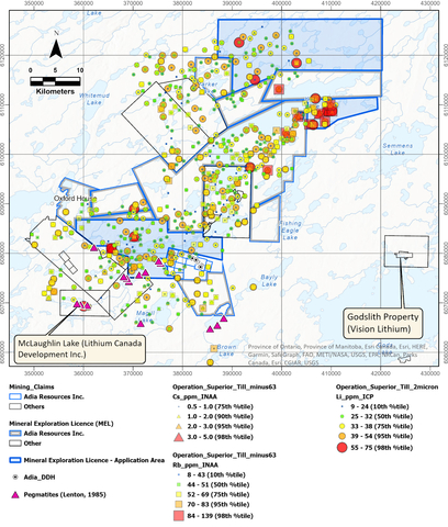 original Figure 1: Adia’s Lynx property showing the location of mapped pegmatites and Li-Cs-Rb in till samples from the Manitoba Geological Survey’s regional till dataset4,5. (Graphic: Business Wire)