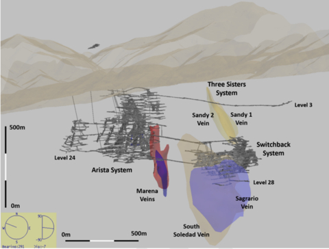 Exhibit 1: View of the Arista, Three Sisters and Switchback Deposits (looking north-west) (Graphic: Business Wire)