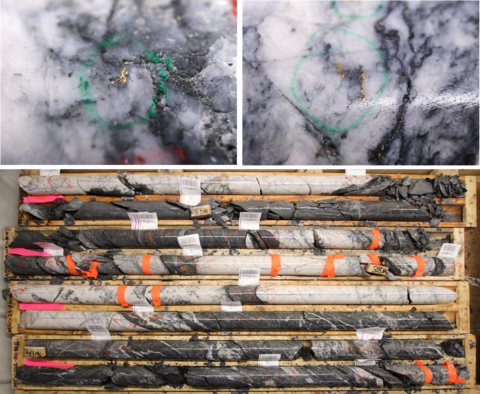 Figure 1: Photos of mineralization from:  Left: at ~18m in NFGC-23-1109, Right: at ~36.5m in NFGC-23-1100, Bottom: at ~34 - 43m in NFGC-23-1100. ^Note that these photos are not intended to be representative of gold mineralization in NFGC-23-1109 and NFGC-23-1100. (Photo: Business Wire)