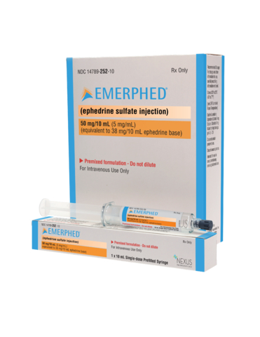 EMERPHED® (ephedrine sulfate injection) is available in 25mg/5mL and 50mg/10mL single-dose pre-filled syringes. (Photo: Business Wire)
