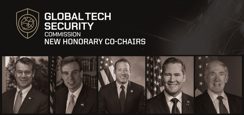 The Global Tech Security Commission added four federal lawmakers representing both parties and both houses of Congress as new Honorary Co-Chairs. Senator Todd Young (R-IN), Senator Mark Warner (D-VA), Representative Josh Gottheimer (D-NJ), and Representative Michael Waltz (R-FL) join six current bipartisan Honorary Co-Chairs to advance the work of the Commission. In addition, Robert Hormats, who served as Under Secretary of State from 2009 to 2013, was named an Honorary Co-Chair. (Graphic: Business Wire)