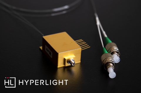 HyperLight's 110 GHz modulator: (>125 GHz usable bandwidth), record low half-wave voltage, compact footprint, high extinction ratio, stable DC biasing, high optical and RF power handling, standard W (1.0 mm) RF Connector, and PM fibers with FC/APC connectors. (Photo: Business Wire)