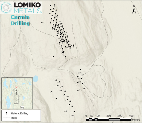 Figure 1 – Carmin Property location outlining historic drilling