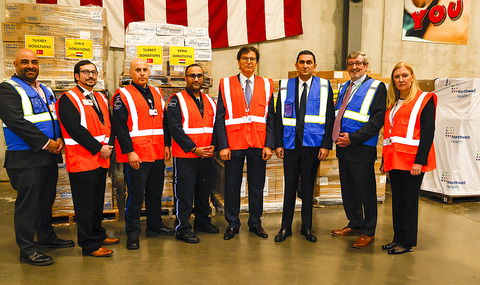 Northwell Health CEO Michael Dowling, along with the Consul General of the Republic of Turkey, Reyhan Ozgur, stand next to medical supplies earmarked for Turkey and Syria. Credit Northwell Health