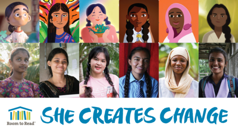 In celebration of International Women’s Day, global education organization Room to Read today announced She Creates Change, the first nonprofit-led animation and live action film project to promote gender equality through the stories of young women around the world. (Graphic: Business Wire)