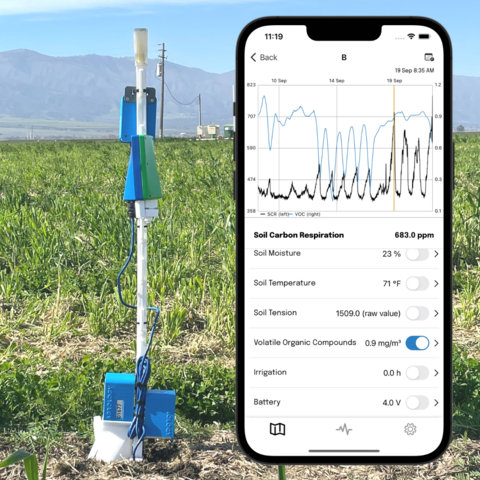 The Agrology Arbiter Carbon Monitoring System is the only system that continuously monitors and quantifies soil carbon flux for farmers. Arbiter helps growers track and quantify soil carbon, delivering carbon flux data and soil health data to growers on their mobile and desktop devices. Growers receive critical alerts for anomalies and complex challenges like soil carbon flux and soil microbiome health, the pinnacles of regenerative farming. In this photo, leading organic grower Braga Fresh uses the Agrology Arbiter System to track and quantify soil carbon in real time. (Photo: Business Wire)