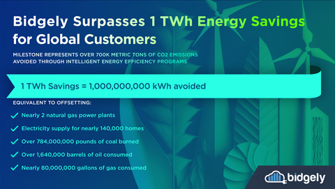 Bidgely celebrates surpassing 1 TWh of energy savings with global utility customers, resulting in the offsetting of nearly 709,000 metric tons of CO2 emissions. (Graphic: Business Wire)