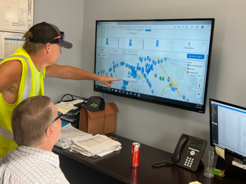 Every morning Findlay Township Municipal Authority employees review a clear data visualization of the Sensus Analytics application to precisely locate potential leaks. Pictured standing is Jim Ervin, Foreman and Kyle Schumacher, Water Operations Manager reviewing Permalog+ data. (Photo: Business Wire)