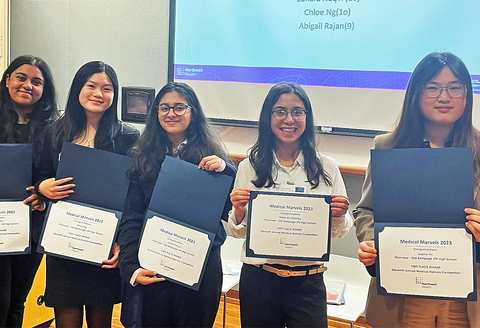 Winners of this year’s Medical Marvels (left to right): Abigail Rajan, Chloe Ng, Zahara Naqvi, Haley Brodzansky, Sophie Hu (Credit: Feinstein Institutes)