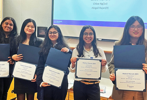 original Winners of this year’s Medical Marvels (left to right): Abigail Rajan, Chloe Ng, Zahara Naqvi, Haley Brodzansky, Sophie Hu (Credit: Feinstein Institutes)