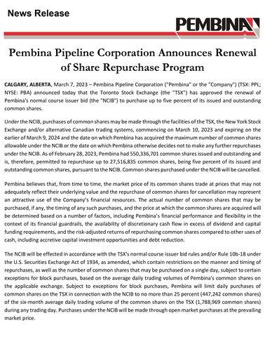 Pembina Pipeline Corporation Announces Renewal of Share Repurchase Program