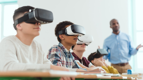 Students using VR in a classroom. (credit: Shutterstock)