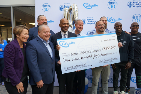 Granite CEO Rob Hale presents a check to Kevin Churchwell, MD, President and CEO of Boston Children’s Hospital at Granite’s 10th Annual Saving by Shaving event. Left to right: Massachusetts Gov. Maura Healey; Quincy Mayor Thomas Koch; former Patriots player Joe Andruzzi; BCH President and CEO Kevin Churchwell, MD; Granite CEO Rob Hale; WEEI’s Greg Hill; former Patriots player Matt Light; New England Patriots Safety Devin McCourty; and New England Patriots Wide Receiver Matthew Slater. (Photo: Business Wire)