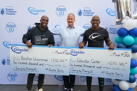 During Granite’s 10th Annual Saving by Shaving event, Granite CEO Rob Hale (center) presents $100,000 checks to New England Patriots Safety Devin McCourty for his chosen nonprofit Boston Uncornered and to Patriots Wide Receiver Matthew Slater for his chosen nonprofit Edmiston Center. (Photo: Business Wire)