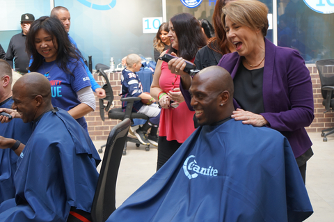 Massachusetts Gov. Maura Healey shaves New England Patriots’ Devin McCourty at Granite’s 10th Annual Saving by Shaving event benefiting Boston Children’s Hospital. (Photo: Business Wire)