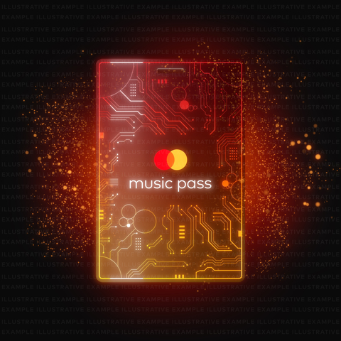 Mastercard Music Pass NFT. Circuit board bursting with red, orange and yellow colors with the words Music Pass overlaid beneath the Mastercard symbol on a black background. (Graphic: Business Wire)