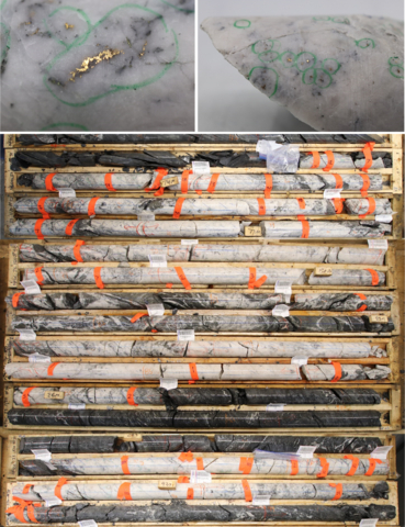 Figure 1: Photos of mineralization from: Left: at ~75m in NFGC-23-1120, Right: at ~64m in NFGC-23-1120, Bottom: at ~72.5m - 94m in NFGC-23-1120. ^Note that these photos are not intended to be representative of gold mineralization in NFGC-23-1120. (Photo: Business Wire)