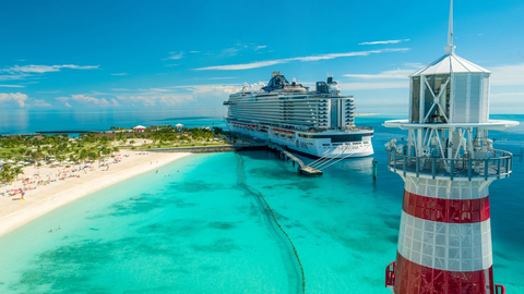 In this photo, MSC Seashore is docked at MSC Cruises’ private island in The Bahamas, Ocean Cay MSC Marine Reserve. Rush Street Gaming has partnered with MSC Cruises to grant Rush Reward Members at all Rivers Casino locations an annual cruise benefit that applies to most of the company’s sailings worldwide. (Photo: Business Wire)