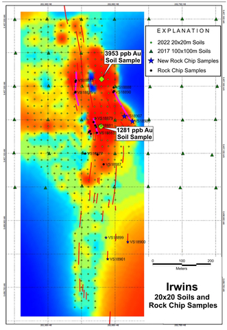 Figure 4 – Irwins Area Soil Geochemistry Map. RED Lines are dolerite dike locations. PURPLE Lines are locations of historic workings. (Graphic: Business Wire)