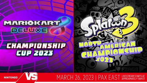 Nintendo is headed to PAX East in Boston from March 23 to March 26 with a host of high-octane activities perfect for competitors of all skill levels, whether you're playing for fun, glory or banana-peel bragging rights! Fans can also watch the Splatoon 3 North American Championship 2023 tournament and the Mario Kart 8 Deluxe Championship Cup 2023 tournament, featuring some of the best players in North America, in person, live at the PAX Arena. (Graphic: Business Wire)