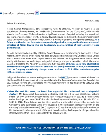 Hestia Capital Files Definitive Proxy Statement and Sends Letter to Pitney Bowes Stockholders.