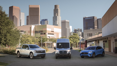 Ford Pro electric vehicles: F-150 Lightning, E-Transit van and Mustang Mach-E. (Photo: Business Wire)