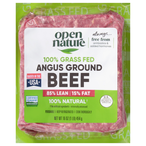 Open Nature 100 % domestic raised grass-fed Angus ground beef. Photo Courtesy: Albertsons Companies