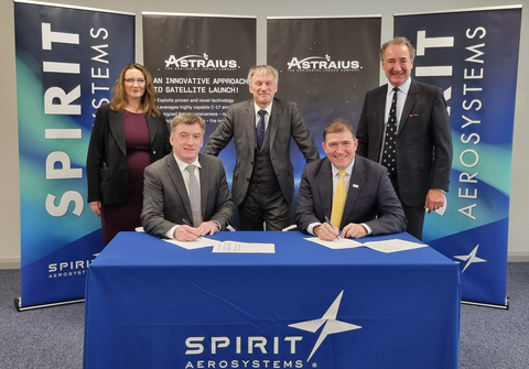 Executives from Spirit AeroSystems, Inc. and Astraius Ltd. sign a collaboration agreement to enhance future satellite launch capabilities from Prestwick Spaceport, Scotland, on Friday. From left, Sam Marnick, Spirit Executive Vice President & Chief Operating Officer; President, Commercial, Scott McLarty, Spirit Senior Vice President, Airbus & Regional/Business Jets Programs; Ivan McKee, Scottish Government Minister for Business, Trade, Tourism and Enterprise; Kevin Seymour, Chief Executive Officer, Astraius; and Sir George Zambellas, Chairman of Astraius. (Photo: Business Wire)