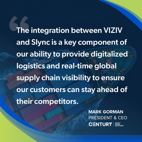 “Despite tremendous progress in digitizing logistics over the past decade, the ocean booking process is still reliant on emails, portals, and non-standard documents that add time and cost for all parties,” said Mark Gorman, President & CEO at Century Supply Chain Solutions. “The integration between VIZIV and Slync is a key component of our ability to provide digitalized logistics and real-time global supply chain visibility to ensure our customers can stay ahead of their competitors.” (Graphic: Business Wire)