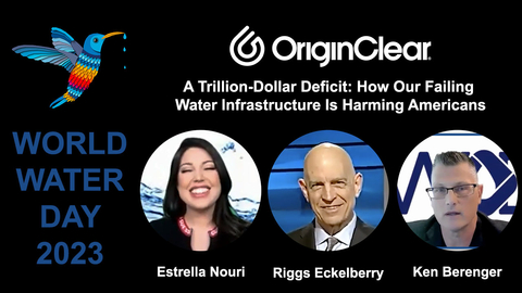 OriginClear CEO Riggs Eckelberry, Executive VP Ken Berenger and Brand Ambassador, top model Estrella Nouri, will conduct a panel, “A Trillion-Dollar Deficit: How Our Failing Water Infrastructure Is Harming Americans”. (Graphic by OriginClear)