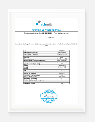 The compatibility certificate issued by Freshmile. (Photo: Business Wire)