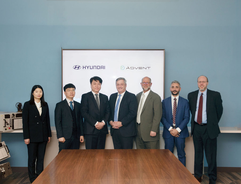 From left to right: Sunghee Shin (Senior Research Engineer, Green Energy Materials Research Team, Hyundai), Ji-hoon Jang, Ph.D. (Senior Research Engineer, Head of Department, Green Energy Materials Research Team, Hyundai), Seung Hyun Hong, Ph.D. (Vice President, Materials Research & Engineering Center, Hyundai), Jim Coffey (Chief Operating Officer & General Counsel, Advent Technologies), Dr. Emory De Castro (Chief Technology Officer, Advent Technologies), Vasilis Kopelas (Vice President, Corporate Strategy & Business Development (Mobility), Advent Technologies), Kevin Brackman (Chief Financial Officer, Advent Technologies) (Photo: Business Wire)