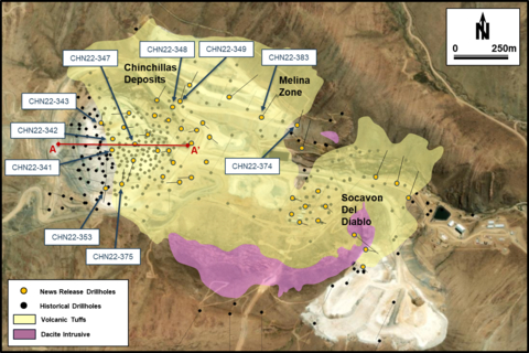 thumbnail Figure 2. Simplified geological map showing the Chinchillas pit and select drill locations. (Photo: Business Wire)