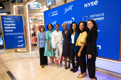 From left to right: Kim Azzarelli, Co-Founder of Seneca Women; financial experts Marsha Barnes and Jamila Souffrant; Sharon Bowen, Chair of the New York Stock Exchange; financial experts Carmen Perez and Berna Anat; and Nicole Diaz, Secret Deodorant representative, kick off Secret’s new financial empowerment initiative on Tuesday, March 28, 2023 at the New York Stock Exchange. Visit secret.com/moneymoves to learn more. (Diane Bondareff/AP Images for Secret Deodorant)