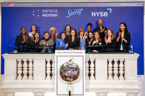 Seneca Women and Secret Deodorant ring the bell at the New York Stock Exchange, following the announcement of Secret’s new financial empowerment initiative offering young women access to free educational resources, on Tuesday, March 28, 2023 at the New York Stock Exchange. Visit secret.com/moneymoves to learn more. (NYSE)