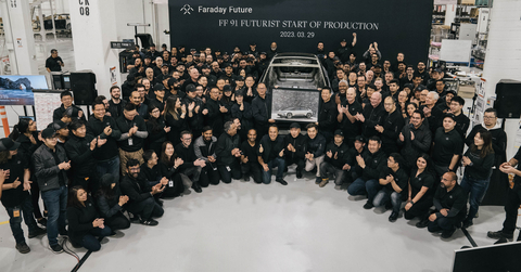 Faraday Future Employees Celebrate the FF 91 Start of Production at Their FF ieFactory California. (Photo: Business Wire)