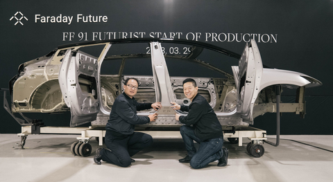 Faraday Future Global CEO Xuefeng Chen (XF) and Faraday Future's Founder and CPUO, YT Jia, Celebrate the FF 91 Start of Production at Their FF ieFactory California. (Photo: Business Wire)