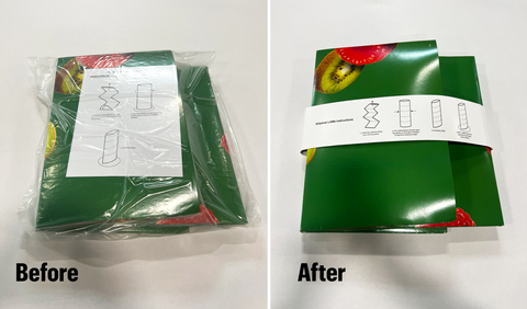 The LAMà® Band, a new packaging solution from Quad for its proprietary LAMá Displays, eliminates the need for single-use plastic bags and paper instruction sheets (pictured on left). The cost-neutral solution (right) showcases Quad’s steadfast commitments to sustainability and innovation – for its own business, and for its clients. (Photo: Business Wire)