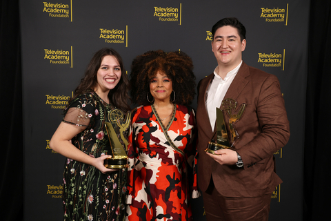 Kim Fields, center, with Madison Hill, left, and Andrew Kamman Rhee of Brigham Young University, winners of the Commercial, PSA or Promo award for eBay - Dear Vanessa at the 42nd College Television Awards presented by the Television Academy Foundation at the Saban Media Center on April 1, 2023, in North Hollywood, California. (Photo by Mark Von Holden/Invision for The Television Academy/AP Images)