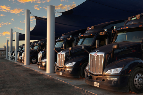 Aurora's fleet of autonomous trucks at Aurora's Dallas terminal. Credit: Aurora.
