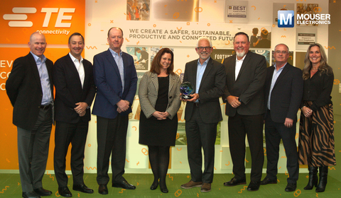 Mouser team members receive the global distribution award from TE Connectivity. Pictured are representatives from Mouser Electronics and TE Connectivity (from left to right): Jeff Newell, Shad Kroeger, Sean Miller, Jennifer Diener, Glenn Smith, Todd Sanders, Keith Privett and Tammy Stine. (Photo: Business Wire)