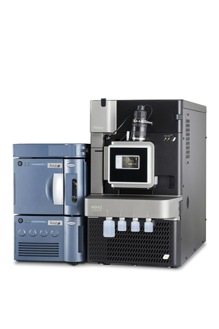 Waters' newest MassTrak IVD LC-MS/MS System featuring the Xevo TQ Absolute IVD tandem quadrupole mass spectrometer (in dark grey), is up to five times more sensitive than similar commercial mass spectrometers for quantifying  analytes in samples of saliva, breath, and dried blood spots. (Photo: Business Wire)