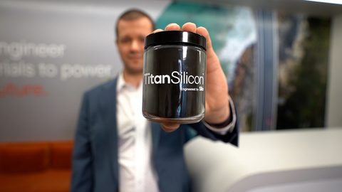 Sila CEO and Co-Founder Gene Berdichevsky and Titan Silicon. Titan Silicon is the first market-proven, safe, and clean full graphite anode replacement engineered for mass scale to dramatically boost EV performance. (Photo: Business Wire)