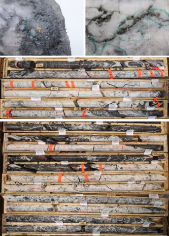 Figure 1: Photos of mineralization from: Left: at ~87m in NFGC-23-1128, Right: at ~139m in NFGC-23-1141, Bottom: ~132-144m and ~204-219m in NFGC-23-1141. ^Note that these photos are not intended to be representative of gold mineralization in NFGC-23-1128 and NFGC-23-1141. (Photo: Business Wire)