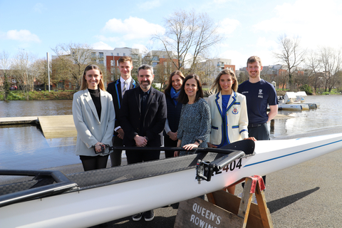 Pictured left to right: Leah Murphy, Technical Support Engineer, Options Technology; James McDaid Men’s Rowing Captain; Karl Oakes, Head of Sport and Physical Wellbeing; Colleen Murray, Global Marketing, Options Technology; Helen Carrick, Assistant Director of Philanthropy; Sam McCormick, Women’s Rowing Captain; Liam Fegan, Belfast Support Team Lead, Options Technology. (Photo: Business Wire)